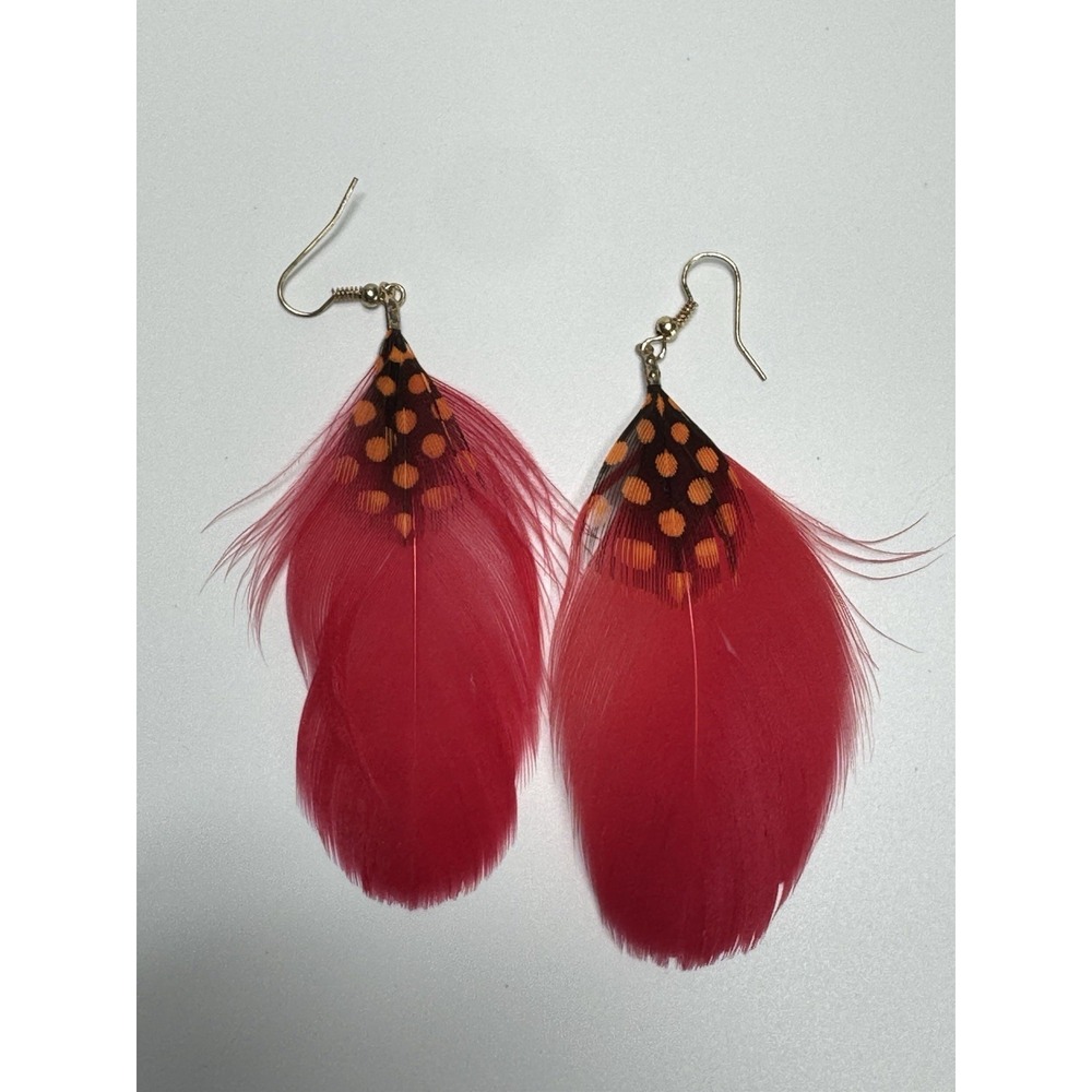 Vintage Red Feather Earrings Dangle Drop Boho Statement Jewelry